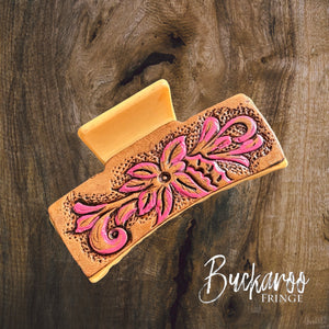 Pink Floral Leather Claw Clip